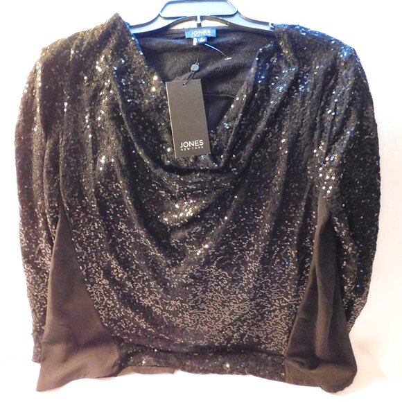 Jones New York Black Sequin Cowl Neck Long Sleeve Bouse Size Woman's Large NWT - Picture 1 of 6